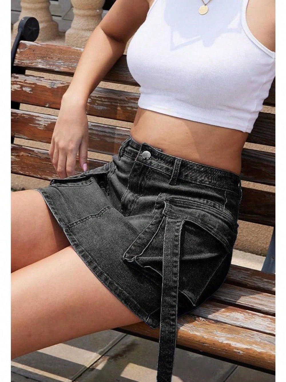Women's Mid-Waist Cargo Denim Mini Skirt, Cargo Denim Mini Dress.