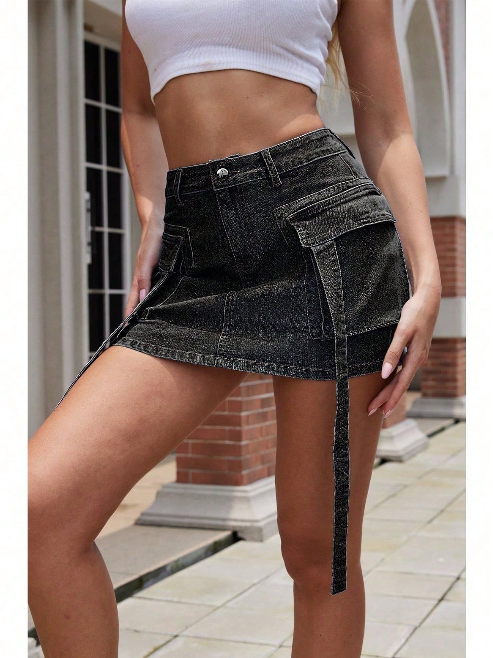 Women's Mid-Waist Cargo Denim Mini Skirt, Cargo Denim Mini Dress.