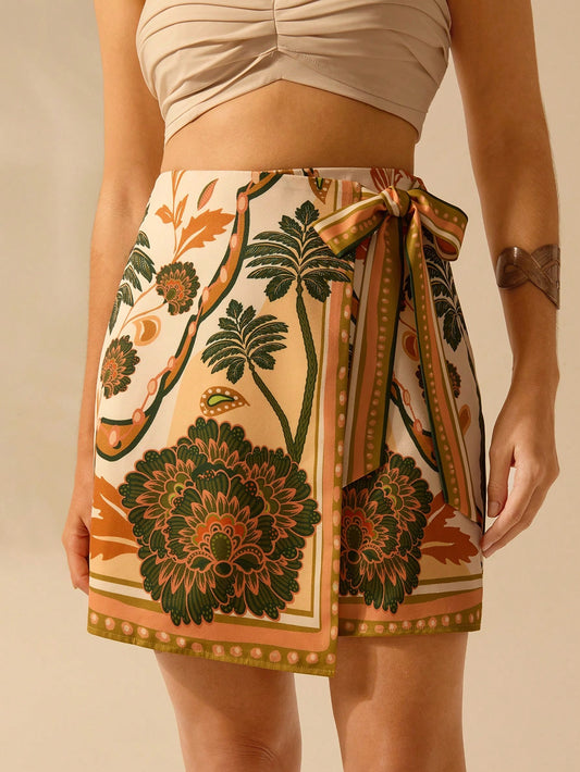 CAJUNI Women's Holiday Casual Summer Beach Boho Tropical Plant Prints Wrap Skirt