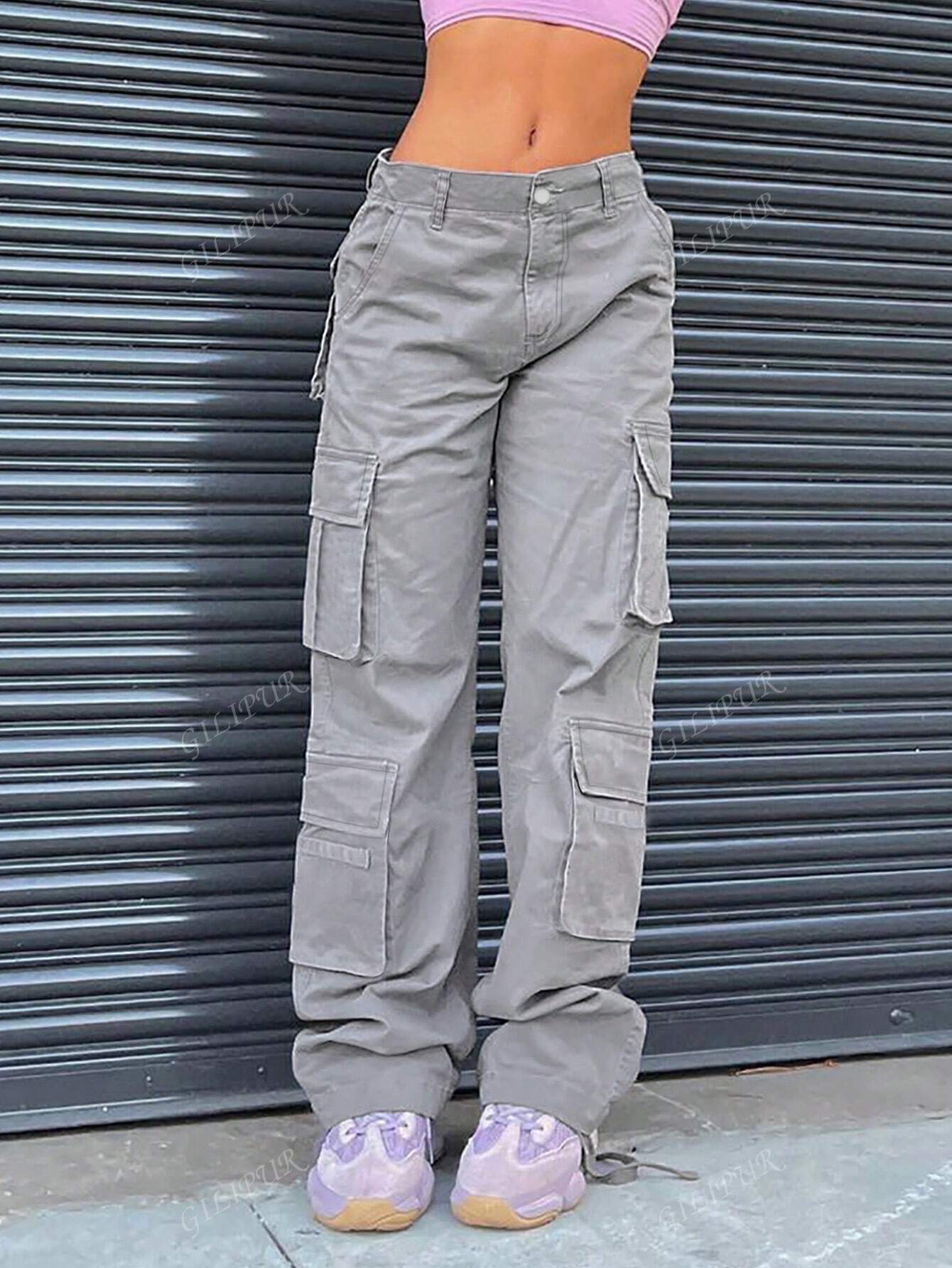 Straight Leg Loose Solid Color Casual Cargo Pants For Women