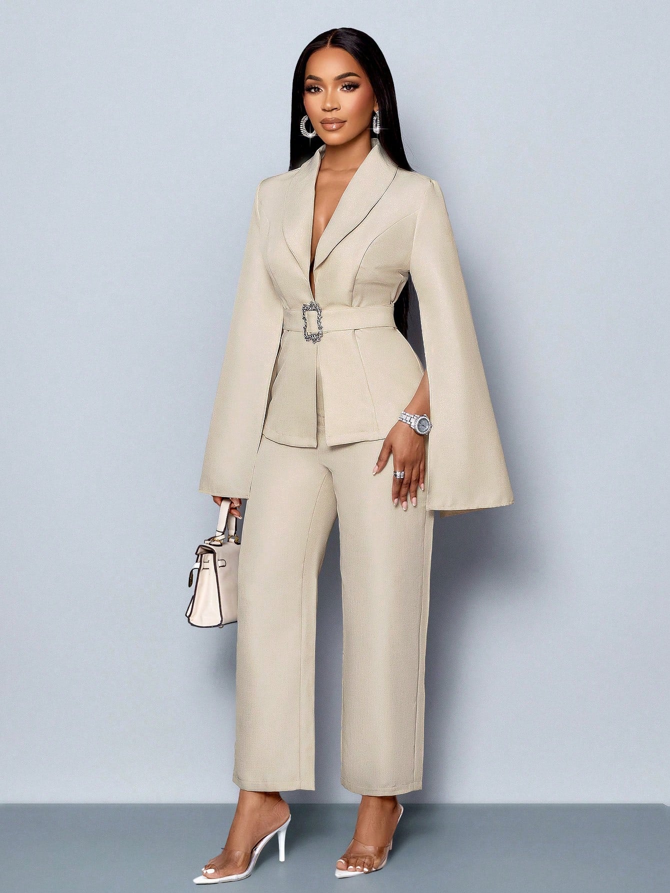 SOLERSUN Glossy Satin Suit Jacket, Women's Suit Set, Business Commuter Suit. Spring And Autumn Season Suits, Autumn And Winter Cape Sleeves, Elegant, Outdoor Clothing