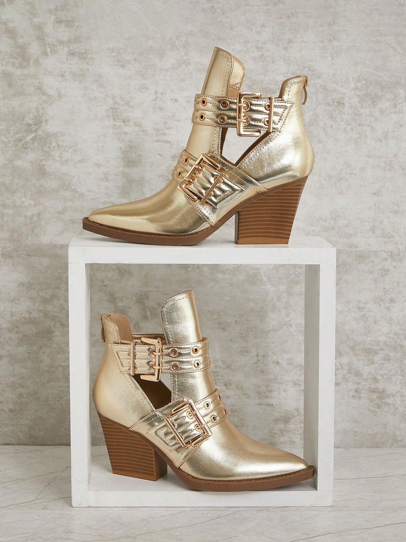 SHUZIA Women's Double-Buckle Grommets Cut-Out Snip Toe Block Heel Pu Lt.Gold Booties– Trendy Nordic Design, Punk-Inspired, Versatile, And Comfortable