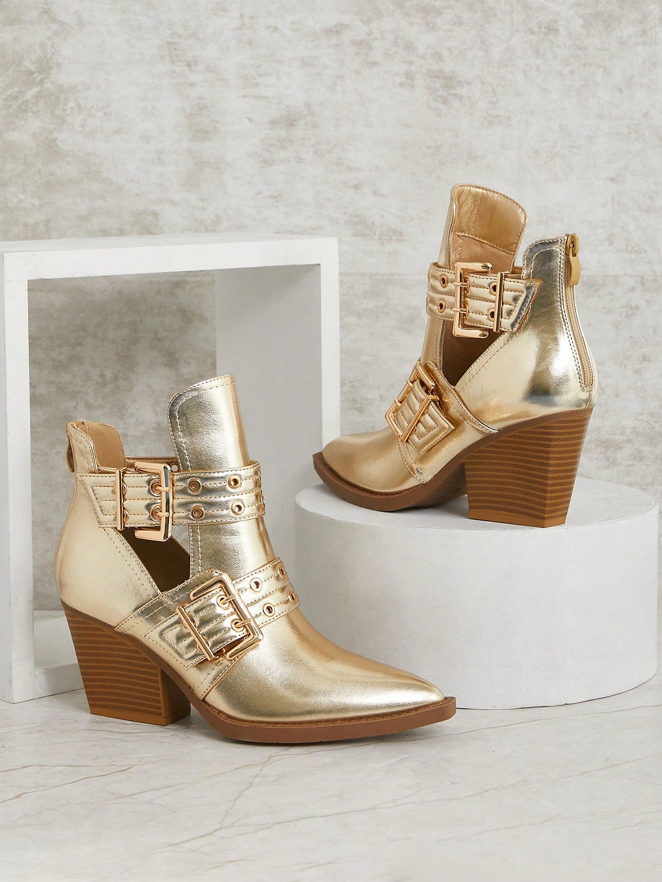 SHUZIA Women's Double-Buckle Grommets Cut-Out Snip Toe Block Heel Pu Lt.Gold Booties– Trendy Nordic Design, Punk-Inspired, Versatile, And Comfortable