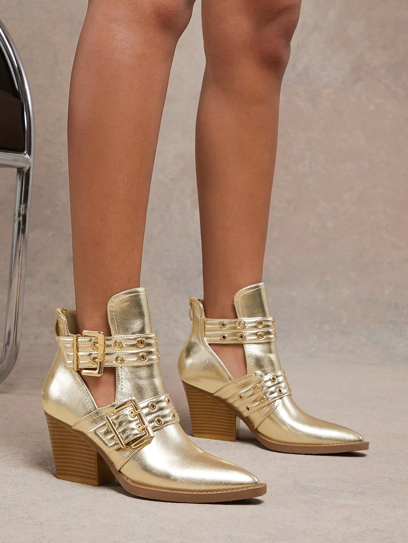 SHUZIA Women's Double-Buckle Grommets Cut-Out Snip Toe Block Heel Pu Lt.Gold Booties– Trendy Nordic Design, Punk-Inspired, Versatile, And Comfortable