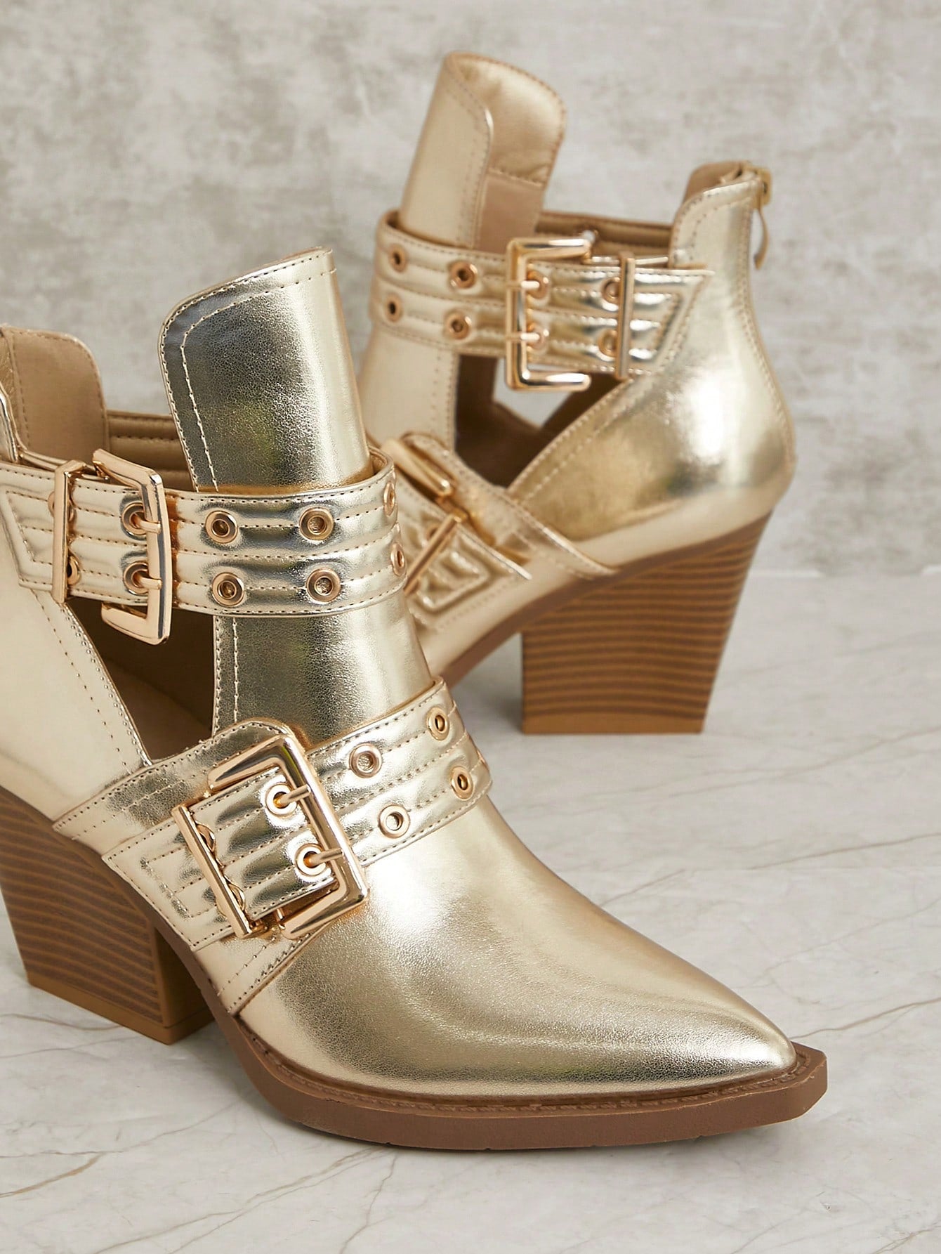 SHUZIA Women's Double-Buckle Grommets Cut-Out Snip Toe Block Heel Pu Lt.Gold Booties– Trendy Nordic Design, Punk-Inspired, Versatile, And Comfortable