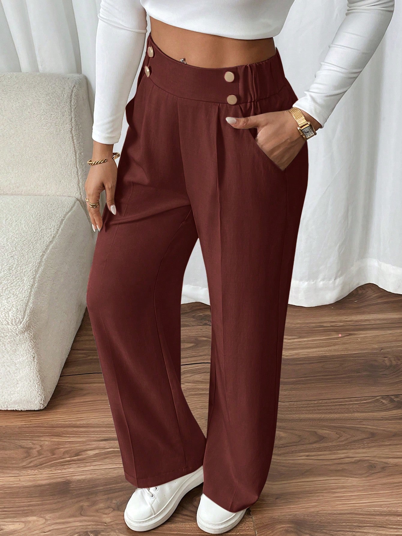 Frenchy Women's Elegant Straight-Leg Office Pants With Double Buckle,Women Fall Clothes ,Office Siren,Business Women Clothes,Elegant Effortless Chic Essential,