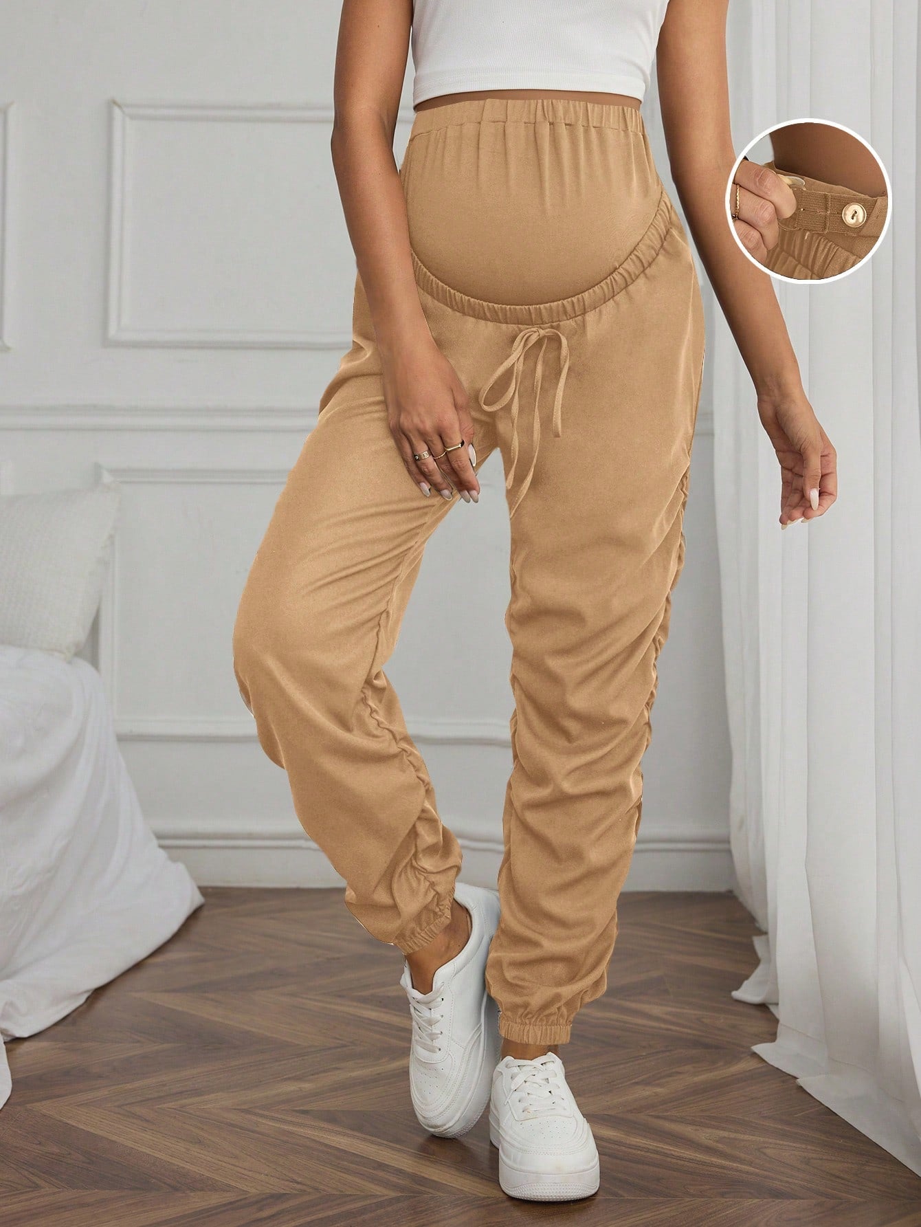 Maternity Solid Color Ruched High Waist Harem Pants