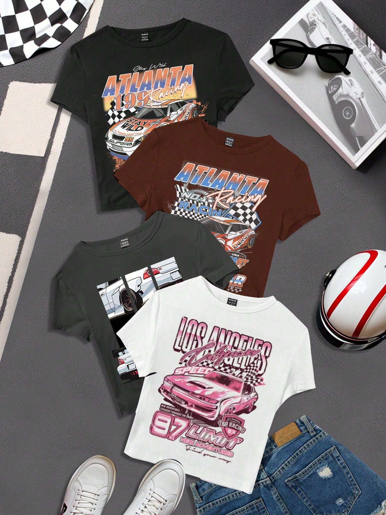 EZwear 4pcs/Pack Women Solid Color   Leopard Print Round Neck Short Sleeve T-Shirt