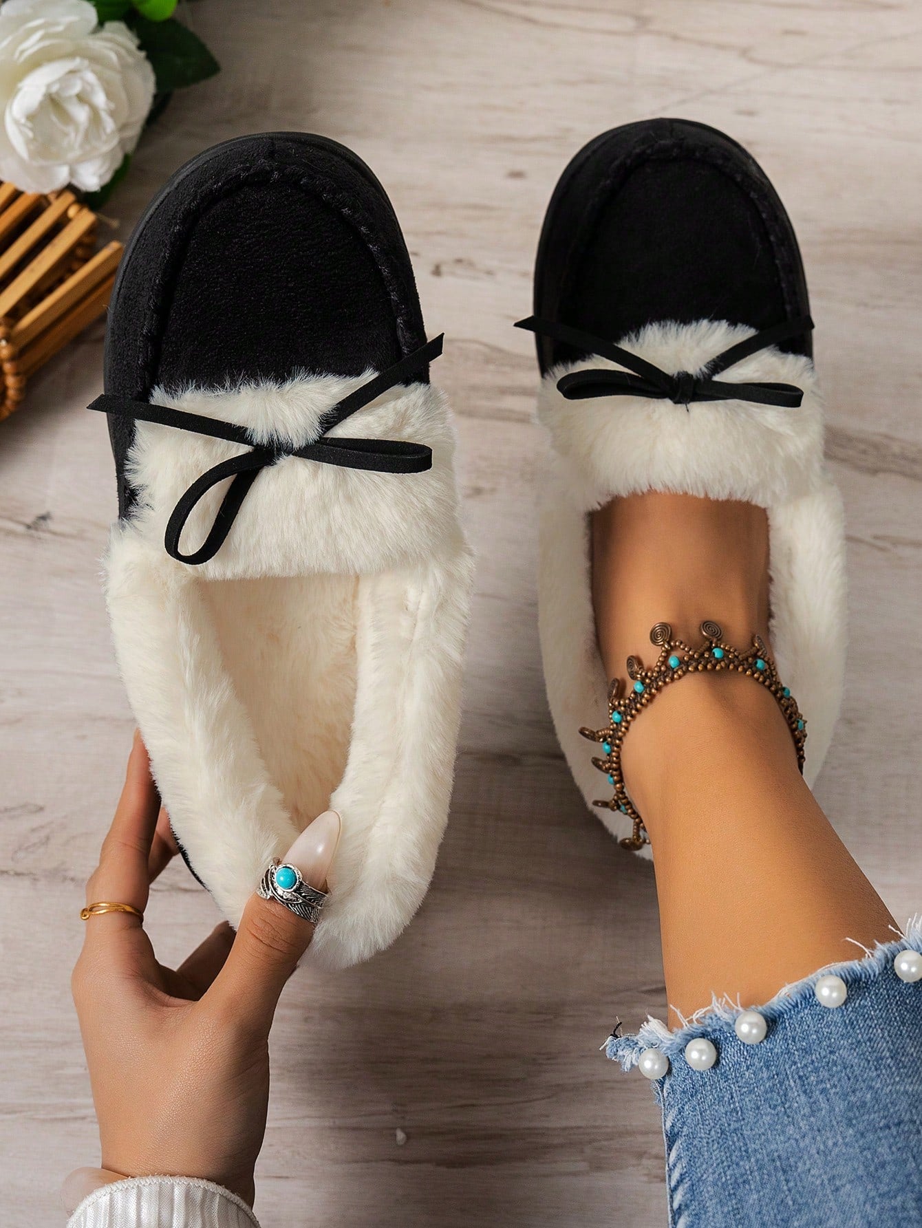 High-Density Memory Foam Slippers With Long Plush Interior, Winter Indoor Slippers, Bow Slippers, Non-Slip Slippers, Women's Slippers, Holiday Gift