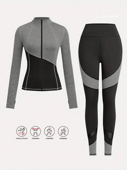 2-Piece Yoga Outfit Set, Jacket And Leggings Workout Clothes Set For Women, Jogging Sports Suit, Yoga Fitness Exercise Attire