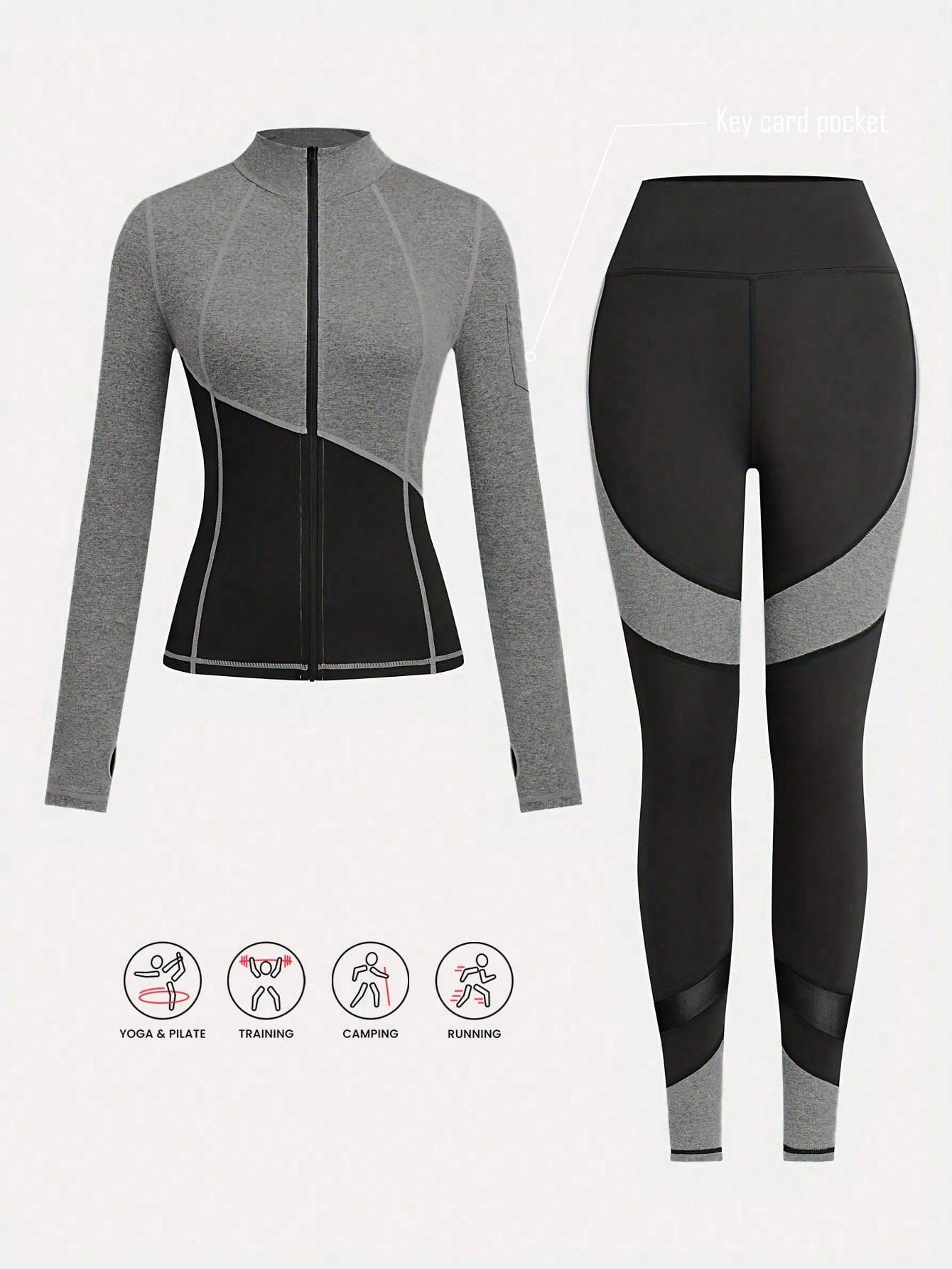2-Piece Yoga Outfit Set, Jacket And Leggings Workout Clothes Set For Women, Jogging Sports Suit, Yoga Fitness Exercise Attire