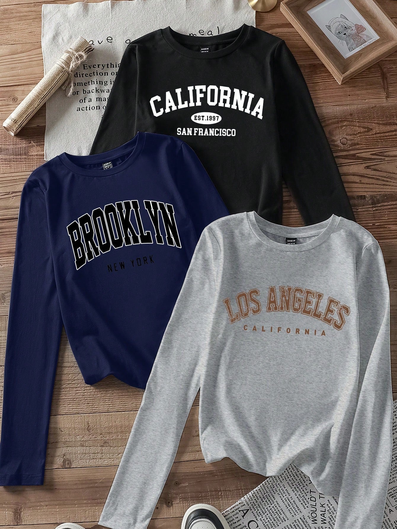 EZwear 3pcs Set Women Casual Letter Print Round Neck Slim Fit Long Sleeve T-Shirt Outfit, Suitable For Autumn