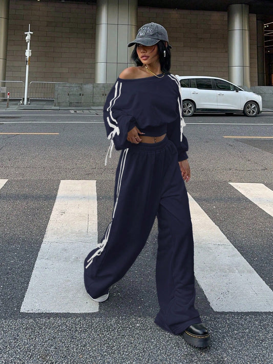 Muchic Navy Blue Women Sports Cropped Sweatshirt And Sweatpant Set With Side Stripe