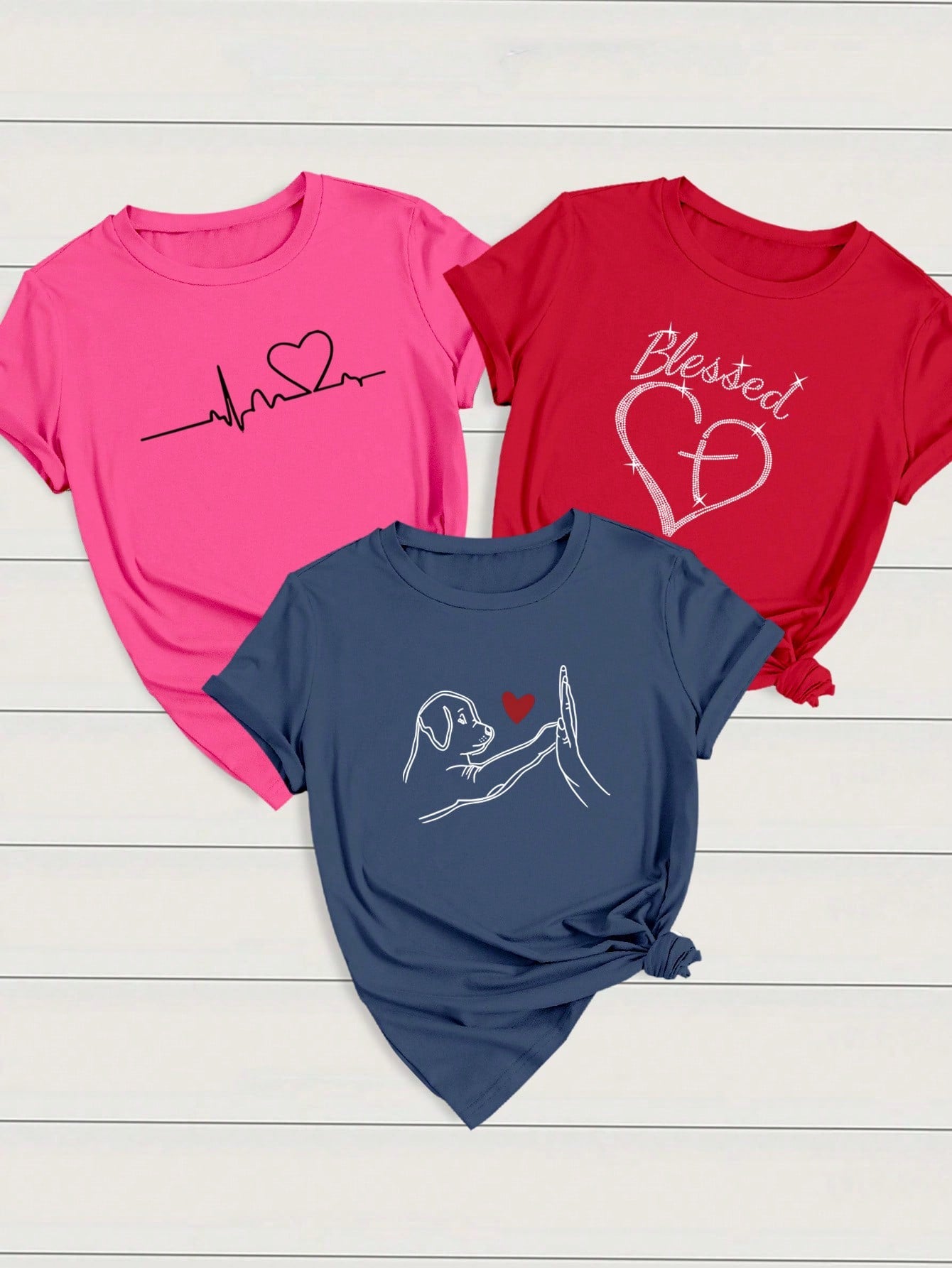 INAWLY 3pcs/Set Women Heart & Letter ECG Graphic T-Shirts, Casual Short Sleeve Tops Graphic Tees Women Tops