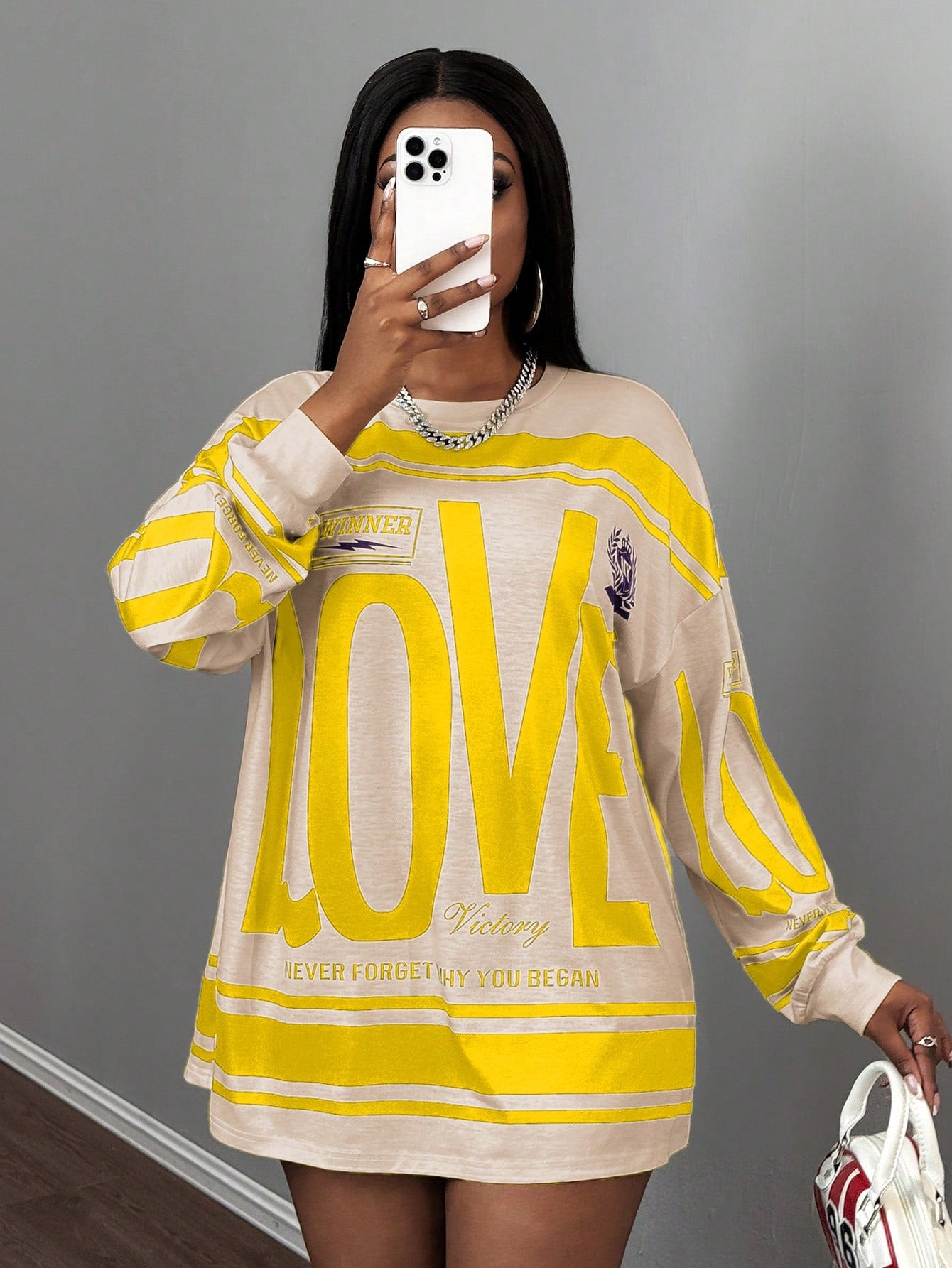 Slayr Casual Street American Retro New Style Round Neck Off-Shoulder Letter English Logo Printed Long-Sleeved Super Loose T-Shirt Skirt Apricot Bottom Green Flower Women's T-Shirt-A