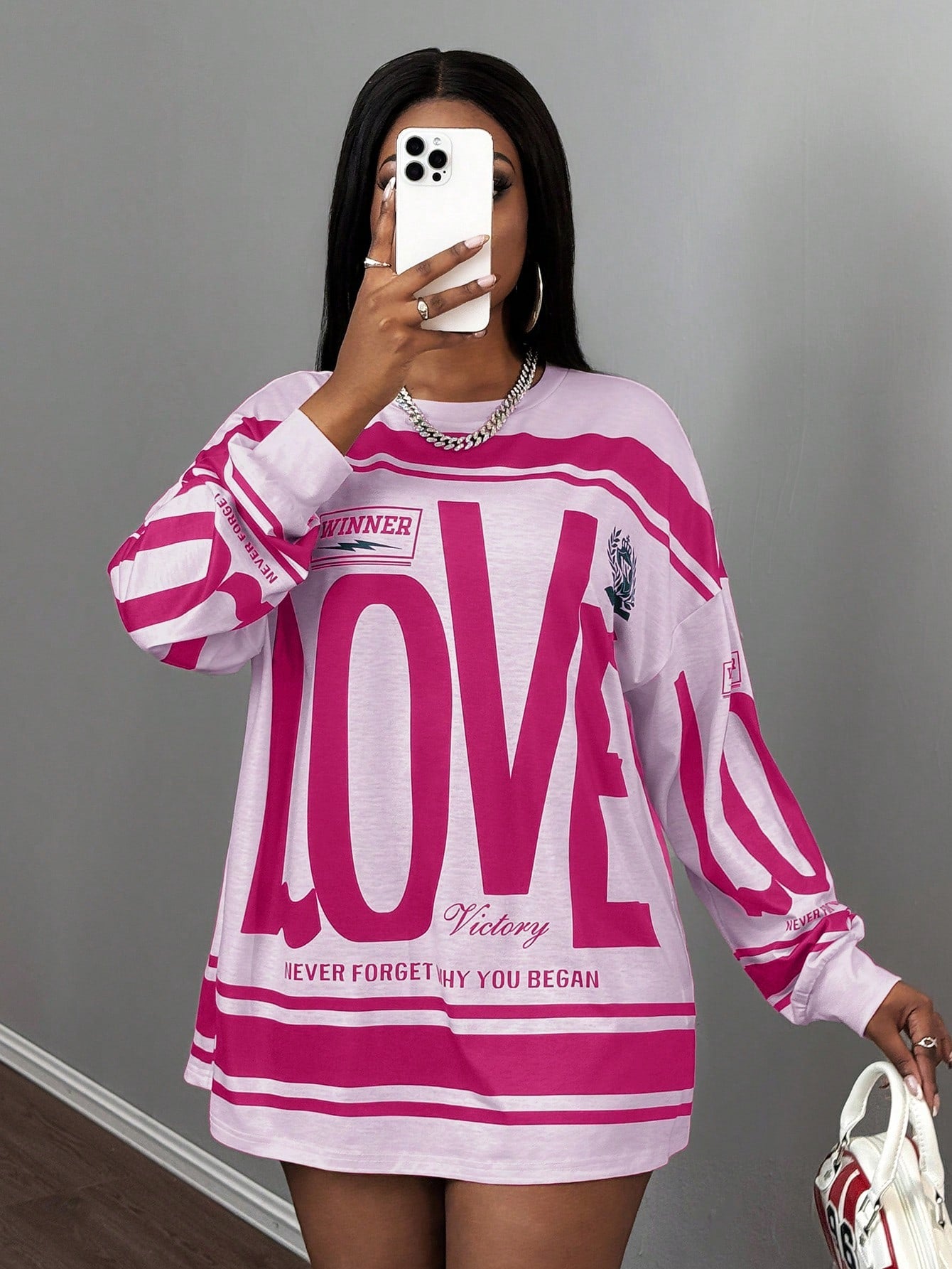 Slayr Casual Street American Retro New Style Round Neck Off-Shoulder Letter English Logo Printed Long-Sleeved Super Loose T-Shirt Skirt Apricot Bottom Green Flower Women's T-Shirt-A