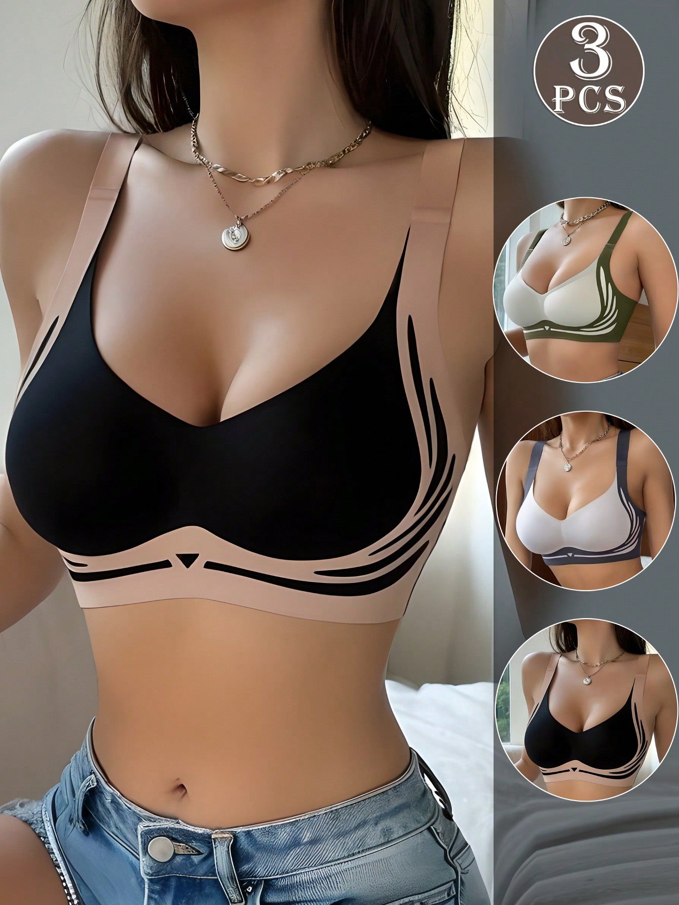 3pcs Seamless Wireless Bra For Women, Comfortable Lift & Support, No Side Bulge, Prevent Sagging, T-Back Design