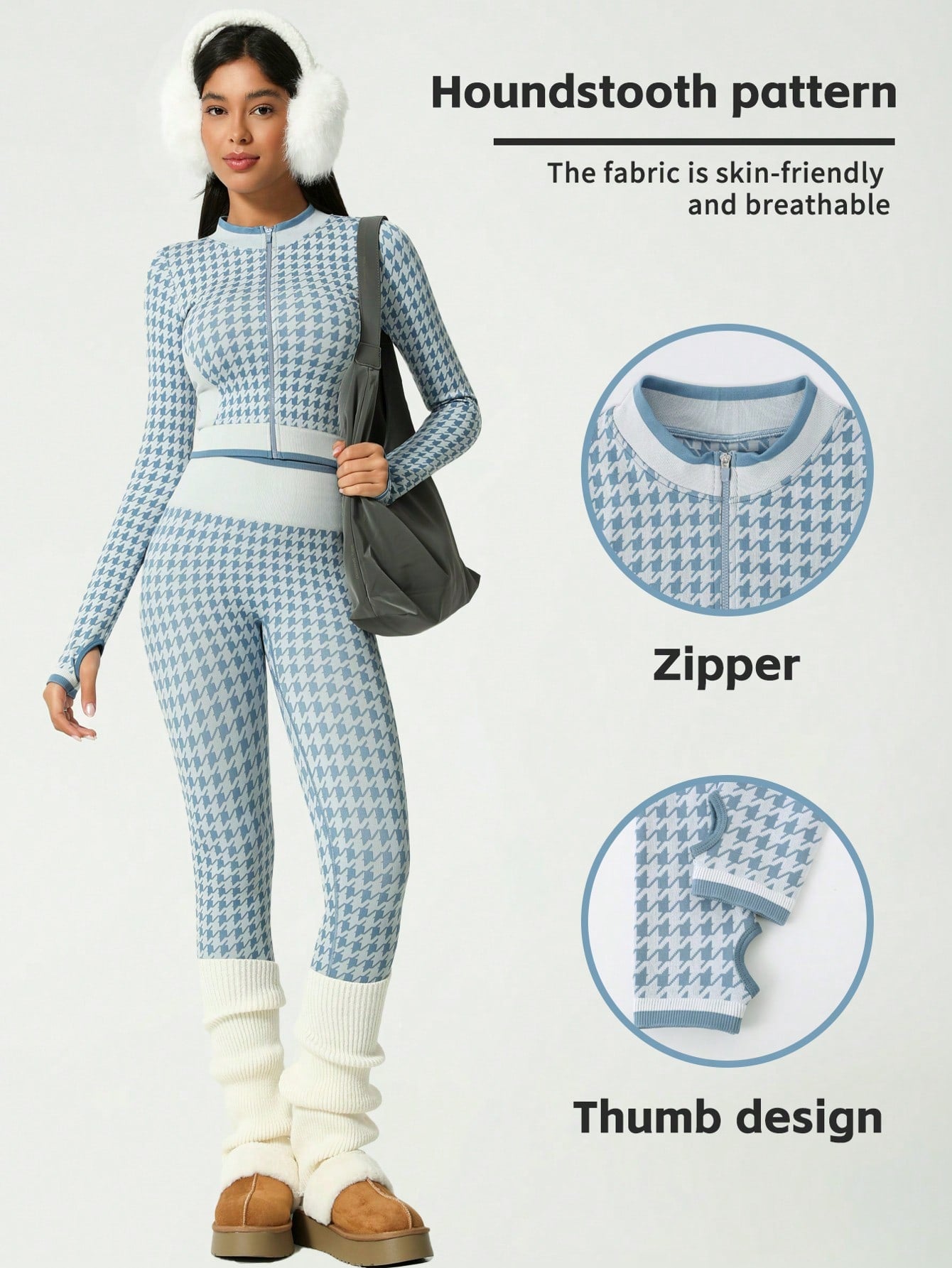 2Pcs/Set Women Christmas Houndstooth Zipper Long Sleeve Sports Suit, Contrast Color Jacket And High Waisted Pants