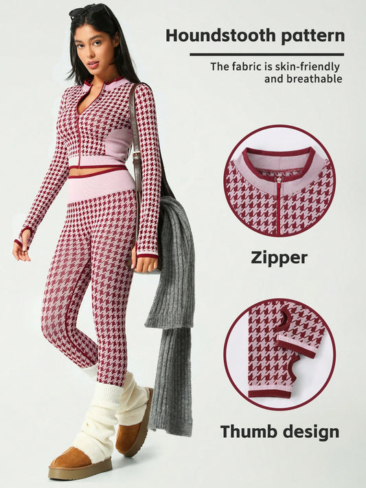 2Pcs/Set Women Christmas Houndstooth Zipper Long Sleeve Sports Suit, Contrast Color Jacket And High Waisted Pants