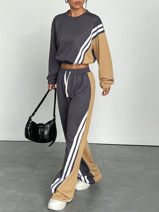 2pcs/Set Women Casual Sport Outdoor Patchwork Stripe Contrast Color Round Neck Sweatshirt And Sport Sweatpants, Suitable For Autumn/Winter Daily Wear