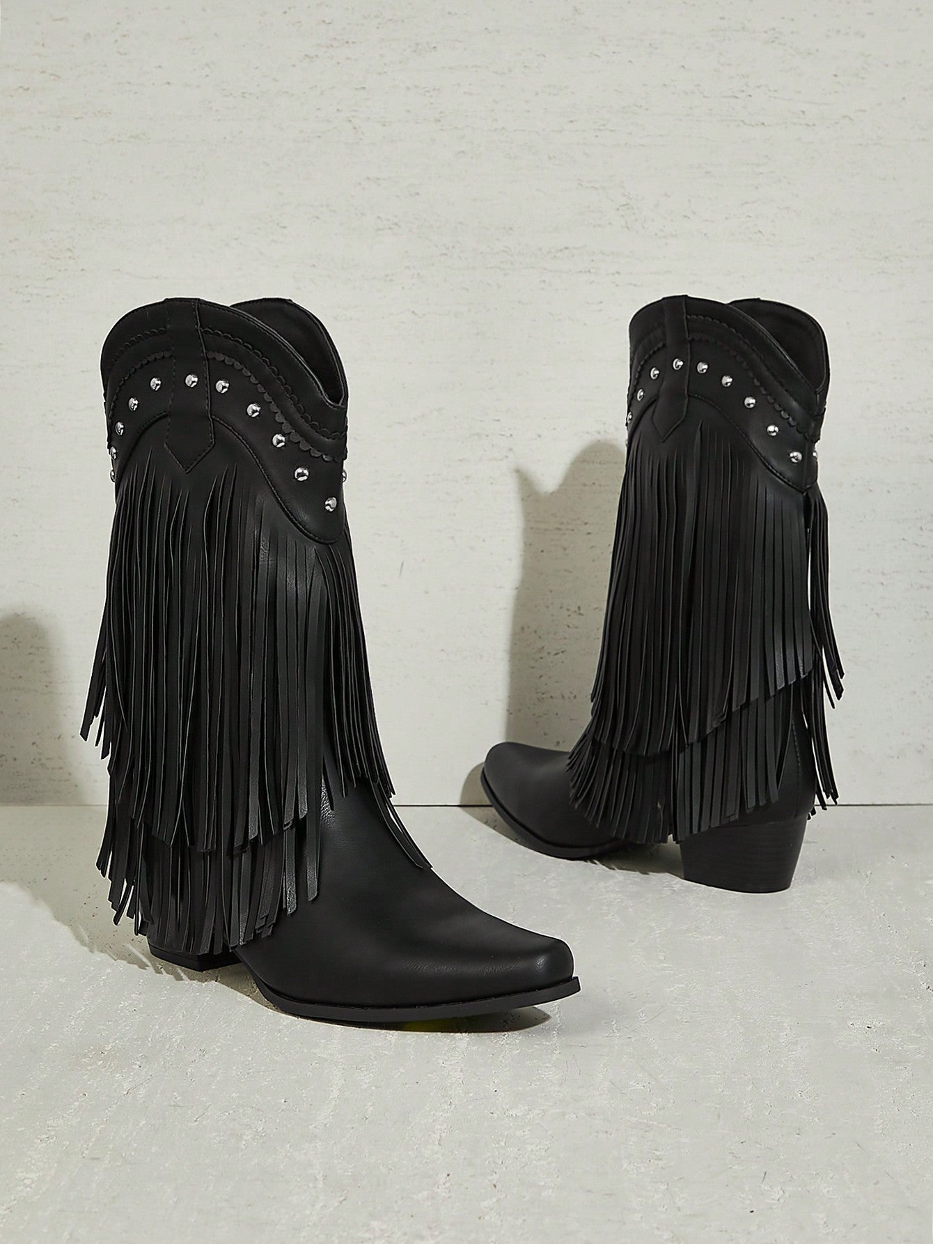 SHUZIA Ladies' Trendy Cowgirl Mid-Calf Tassel Fringe Black Color Pointed Toe Thick Heel Bootie