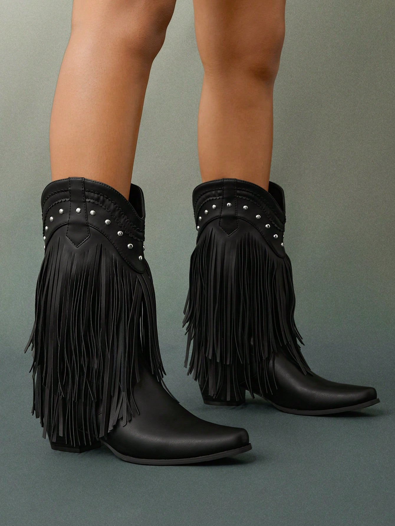 SHUZIA Ladies' Trendy Cowgirl Mid-Calf Tassel Fringe Black Color Pointed Toe Thick Heel Bootie