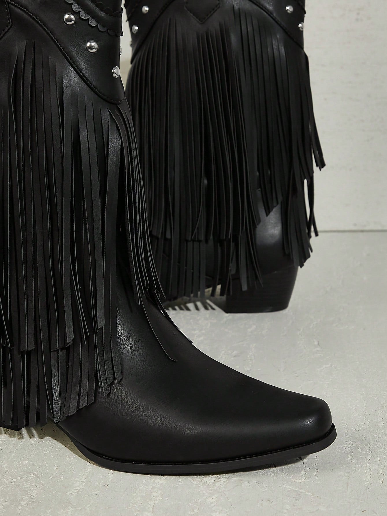 SHUZIA Ladies' Trendy Cowgirl Mid-Calf Tassel Fringe Black Color Pointed Toe Thick Heel Bootie
