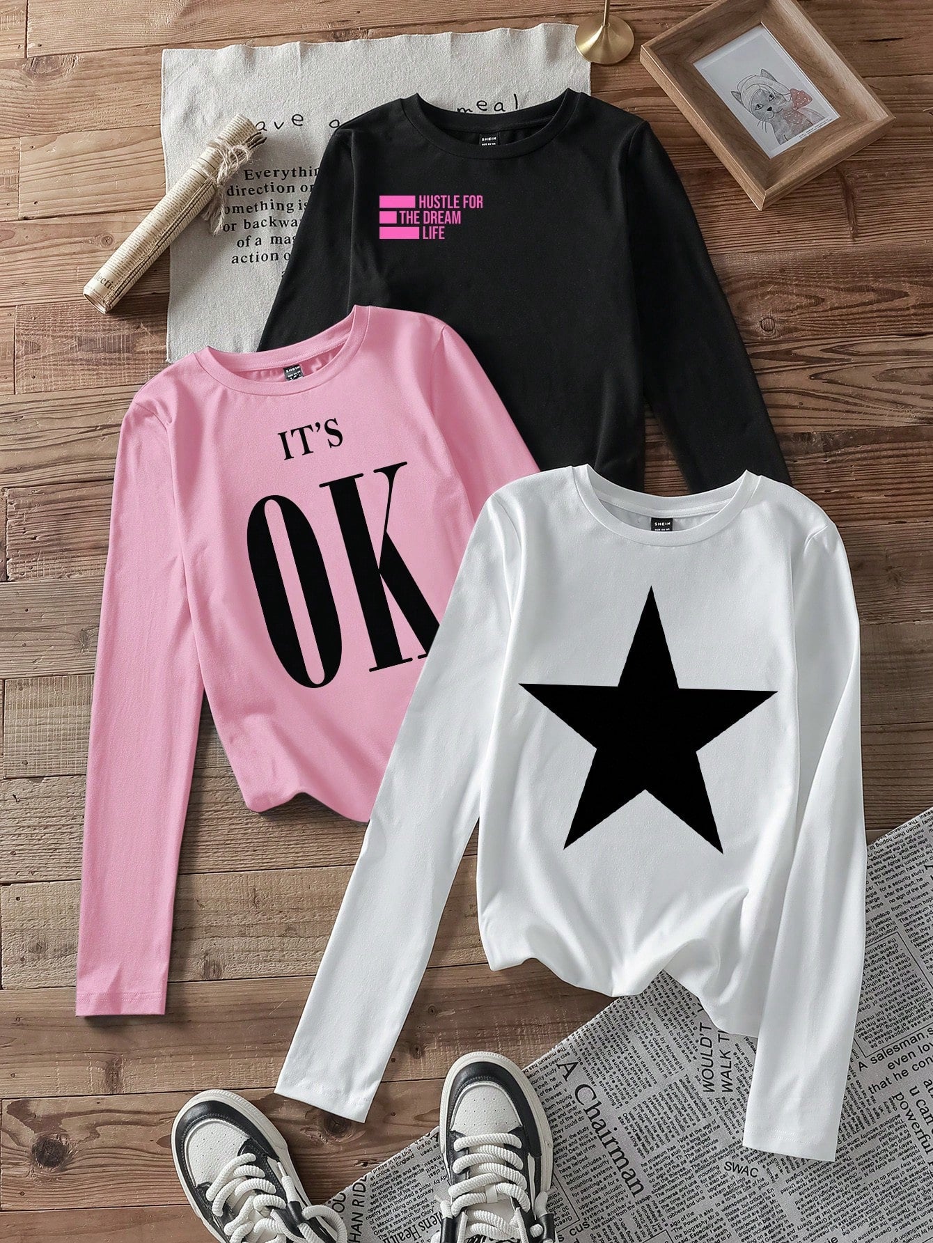 EZwear 3pcs Set Women Casual Letter Print Round Neck Slim Fit Long Sleeve T-Shirt Outfit, Suitable For Autumn