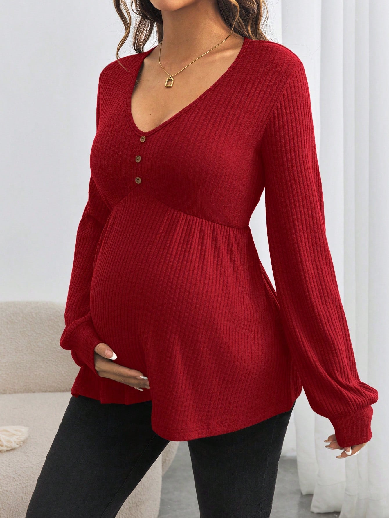 Maternity Button Down V-Neck Loose Long Sleeve T-Shirt