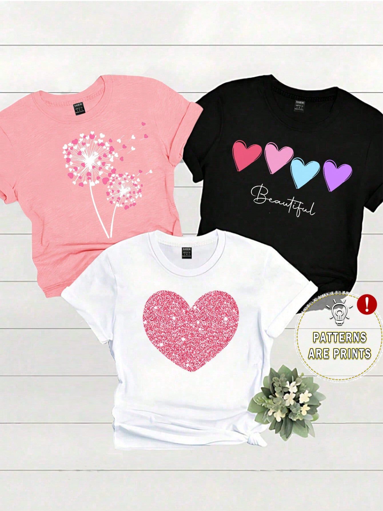 LUNE 3pcs Casual Heart, Letter Printed Round Neck Short Sleeve Women's T-Shirts, Summer Tee