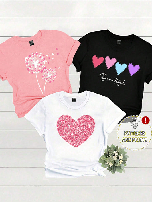 LUNE 3pcs Casual Heart, Letter Printed Round Neck Short Sleeve Women's T-Shirts, Summer Tee