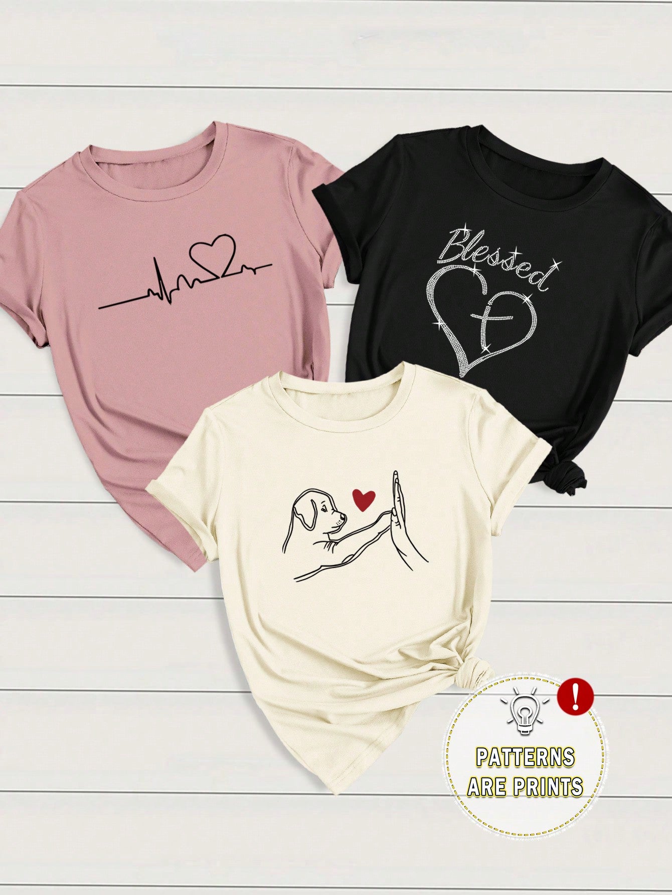 INAWLY 3pcs/Set Women Heart & Letter ECG Graphic T-Shirts, Casual Short Sleeve Tops Graphic Tees Women Tops