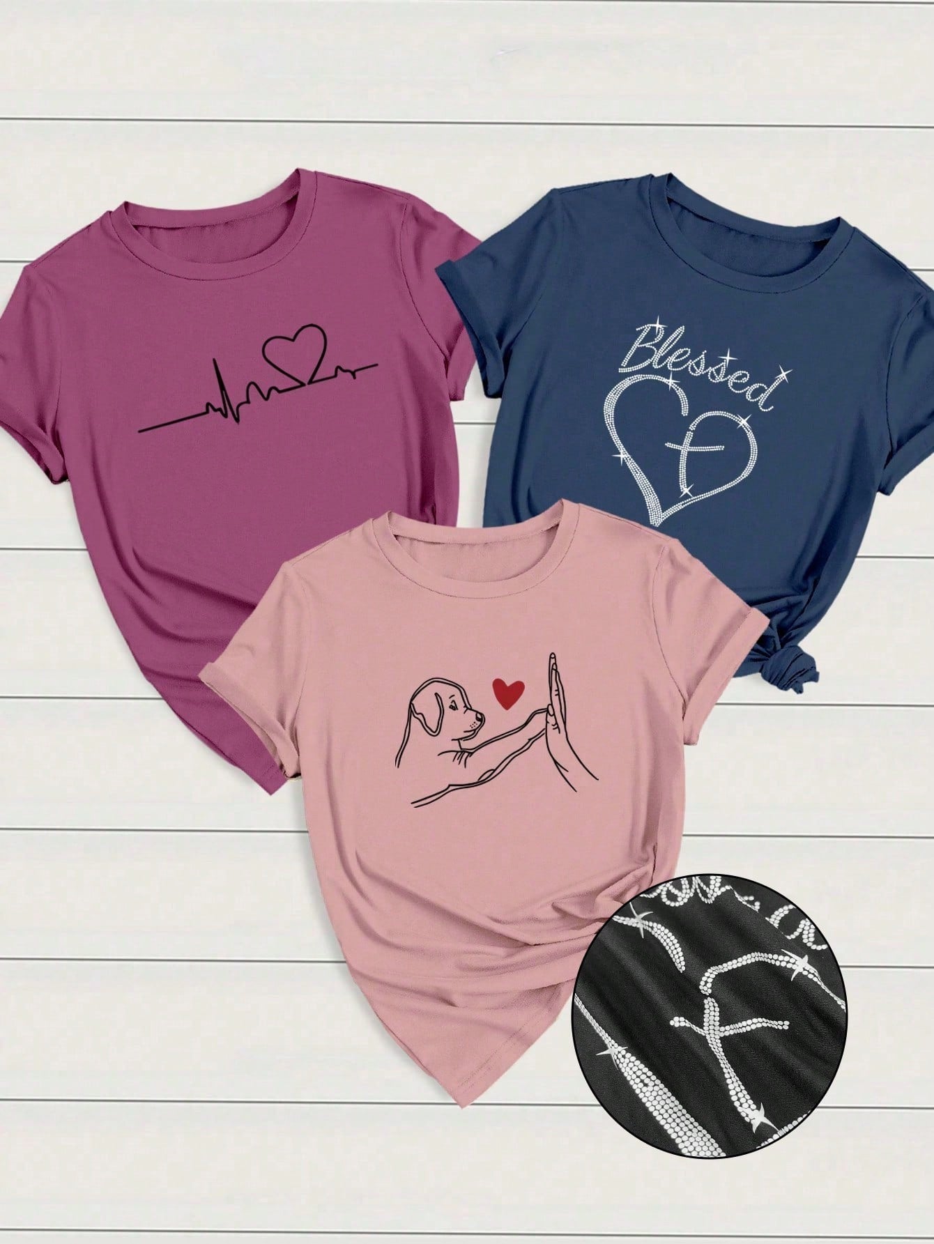 INAWLY 3pcs/Set Women Heart & Letter ECG Graphic T-Shirts, Casual Short Sleeve Tops Graphic Tees Women Tops