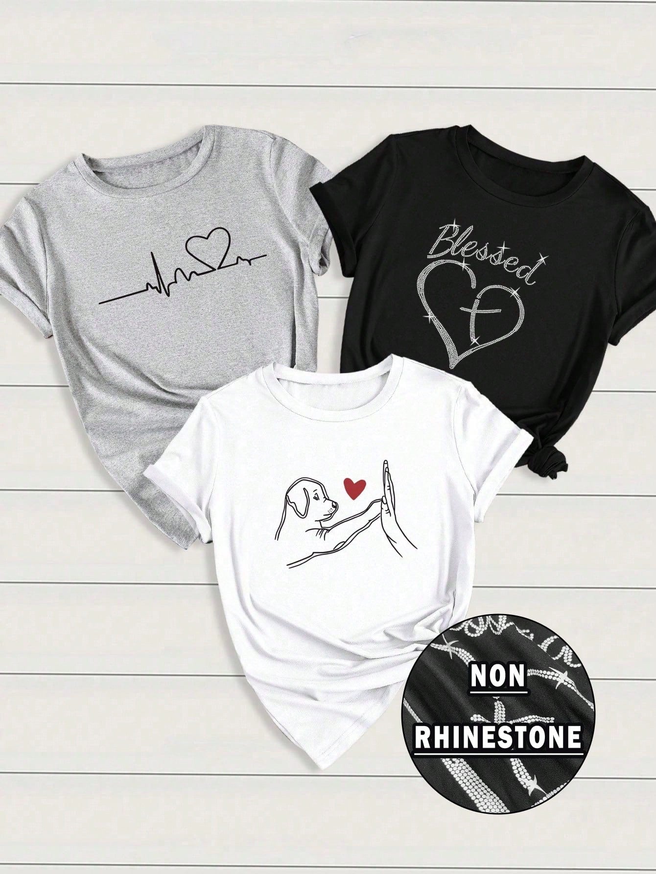 INAWLY 3pcs/Set Women Heart & Letter ECG Graphic T-Shirts, Casual Short Sleeve Tops Graphic Tees Women Tops