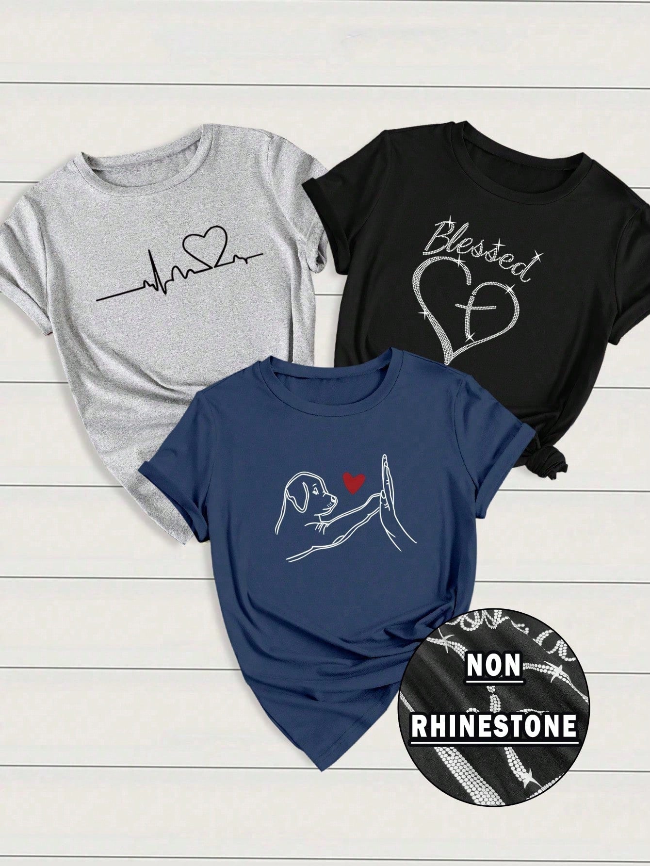 INAWLY 3pcs/Set Women Heart & Letter ECG Graphic T-Shirts, Casual Short Sleeve Tops Graphic Tees Women Tops