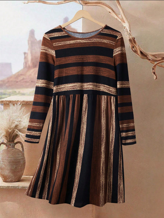 RusticEase Women Casual Color Block Striped Mini Dress For Autumn