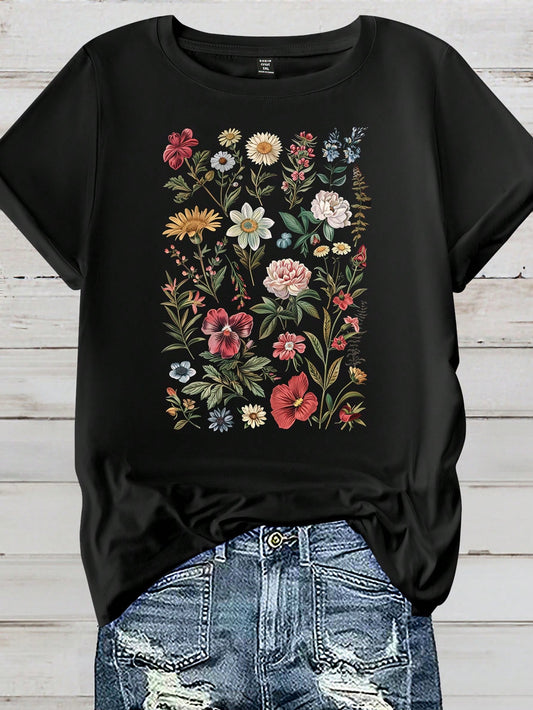 LUNE Plus Size Women 3D Floral Print Round Neck Short Sleeve Loose T-Shirt Top