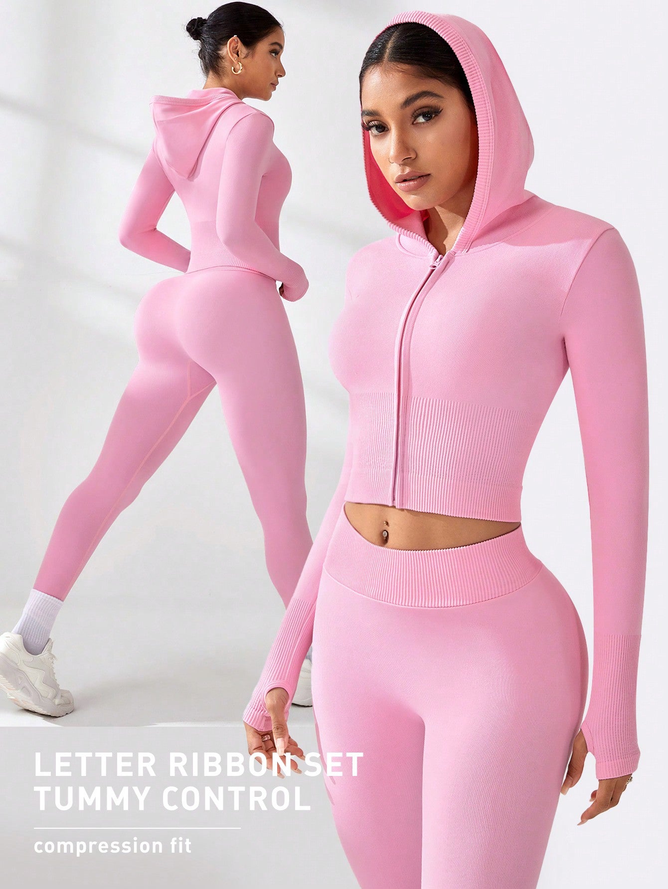 Sport Studio Pink Hooded Top & Leggings Seamless Activewear Set