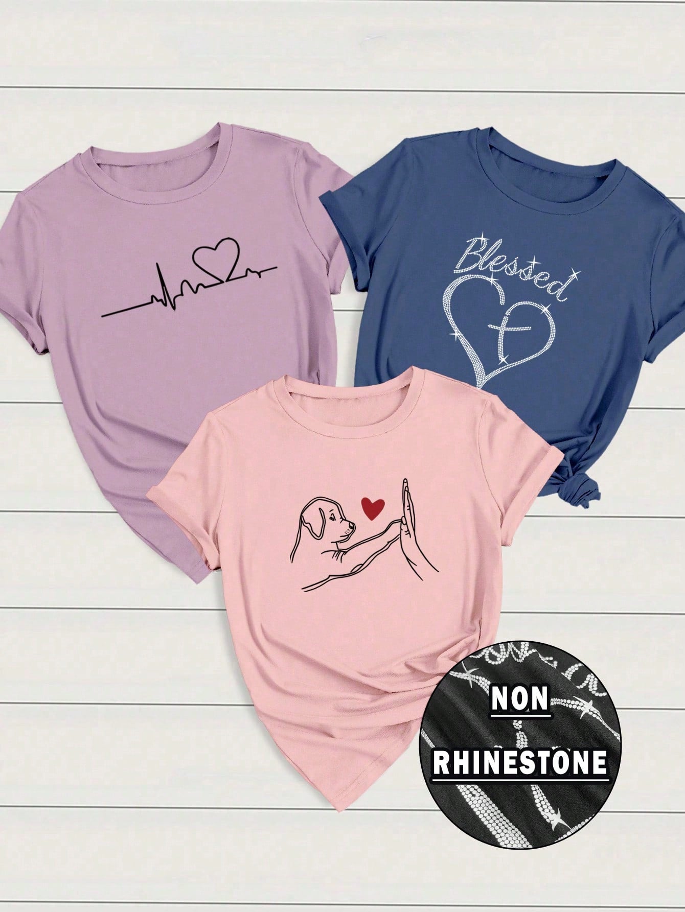 INAWLY 3pcs/Set Women Heart & Letter ECG Graphic T-Shirts, Casual Short Sleeve Tops Graphic Tees Women Tops