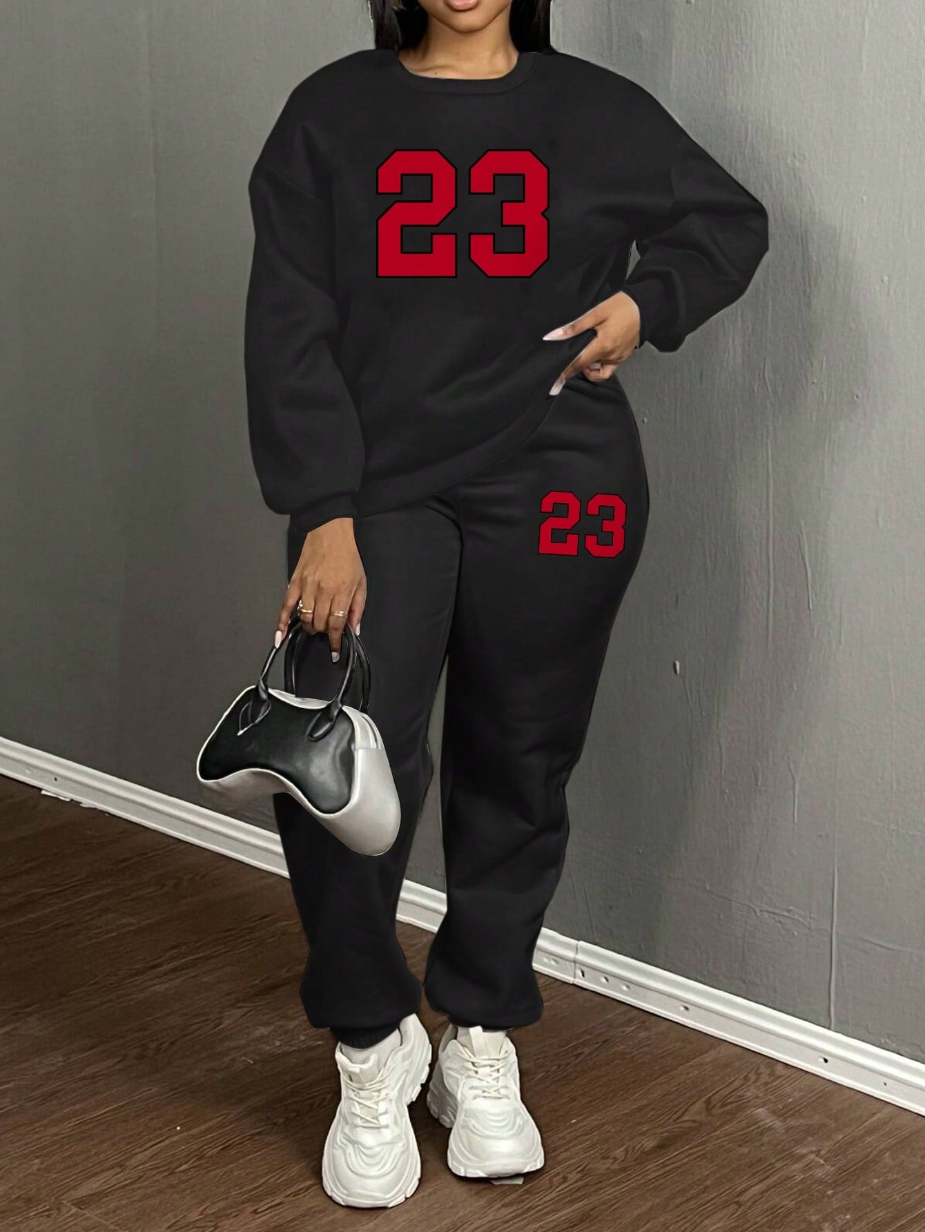 Slayr 2pcs/Set Women 23 Graphic Crew Neck Oversized Loose Fit Long Sleeve Sweatshirt And Long Drawstring Hem Casual Sweatpants, Autumn/Winter