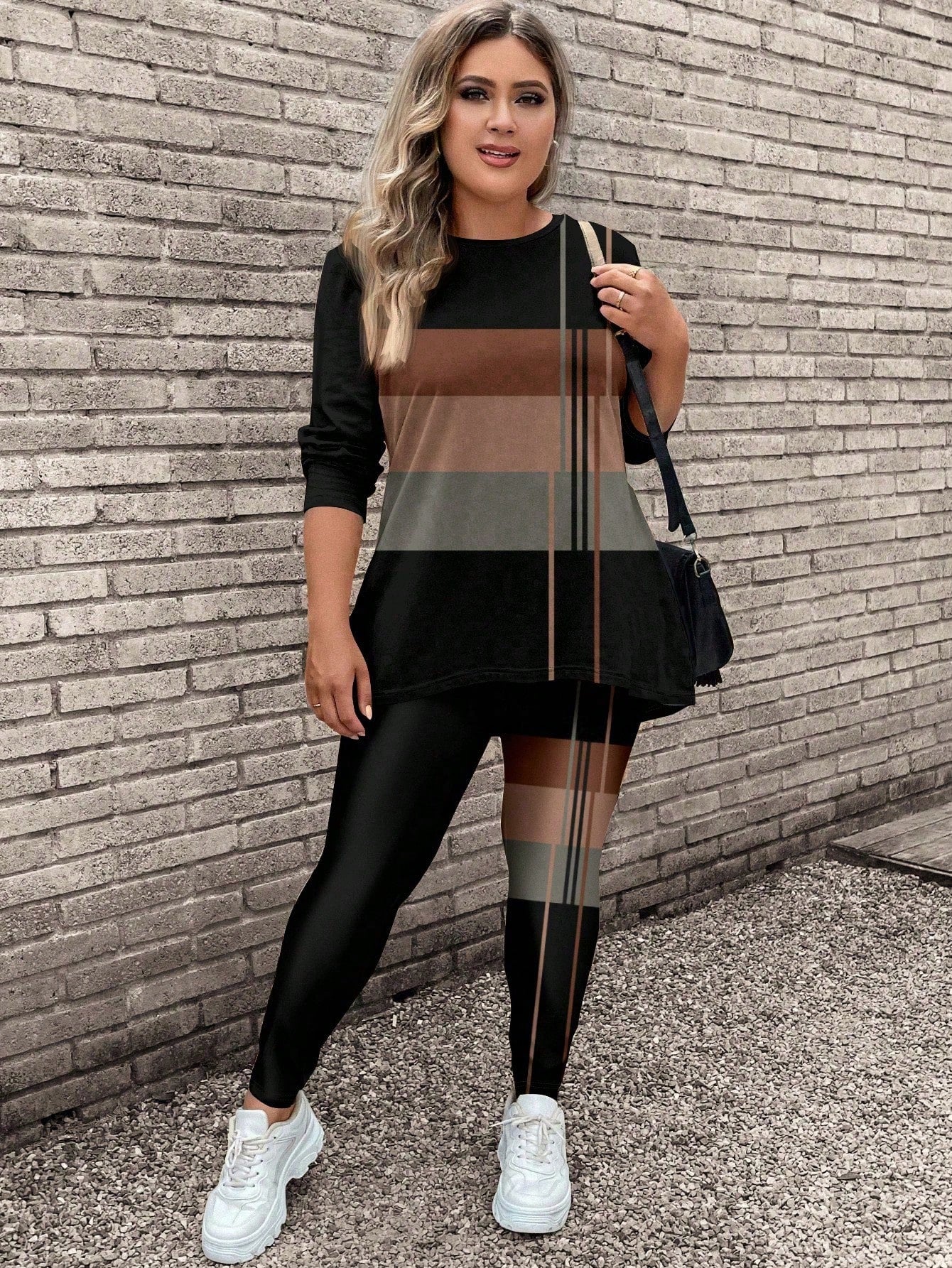 LUNE 2pcs/Set Plus Size Women Casual Long Sleeve T-Shirt And Yoga Pants, Suitable For Autumn/Winter