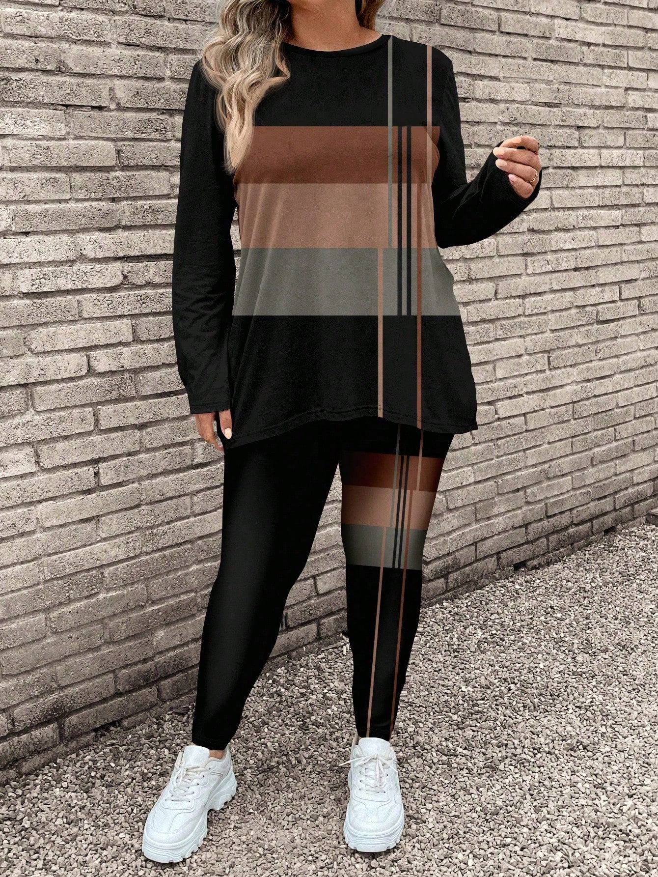 LUNE 2pcs/Set Plus Size Women Casual Long Sleeve T-Shirt And Yoga Pants, Suitable For Autumn/Winter