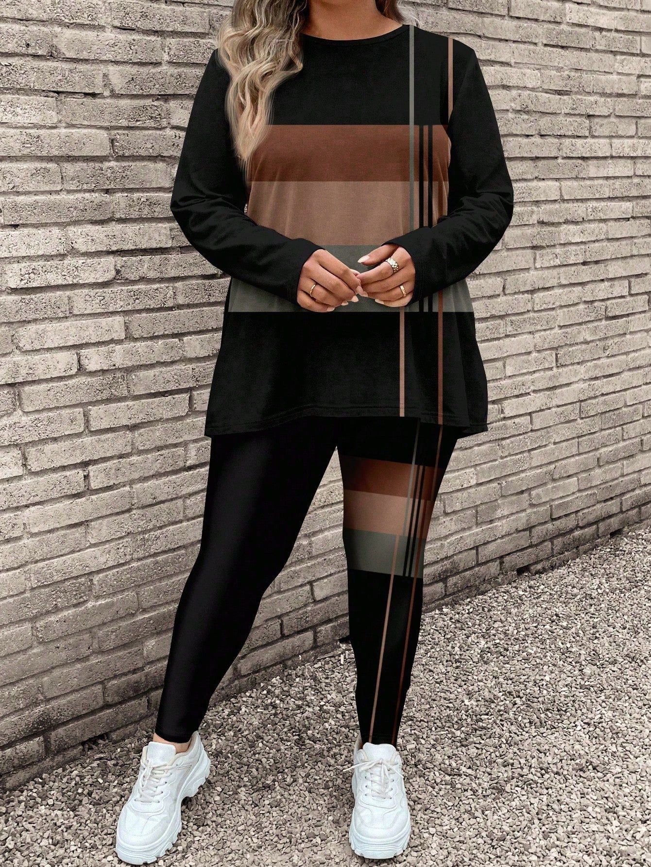 LUNE 2pcs/Set Plus Size Women Casual Long Sleeve T-Shirt And Yoga Pants, Suitable For Autumn/Winter