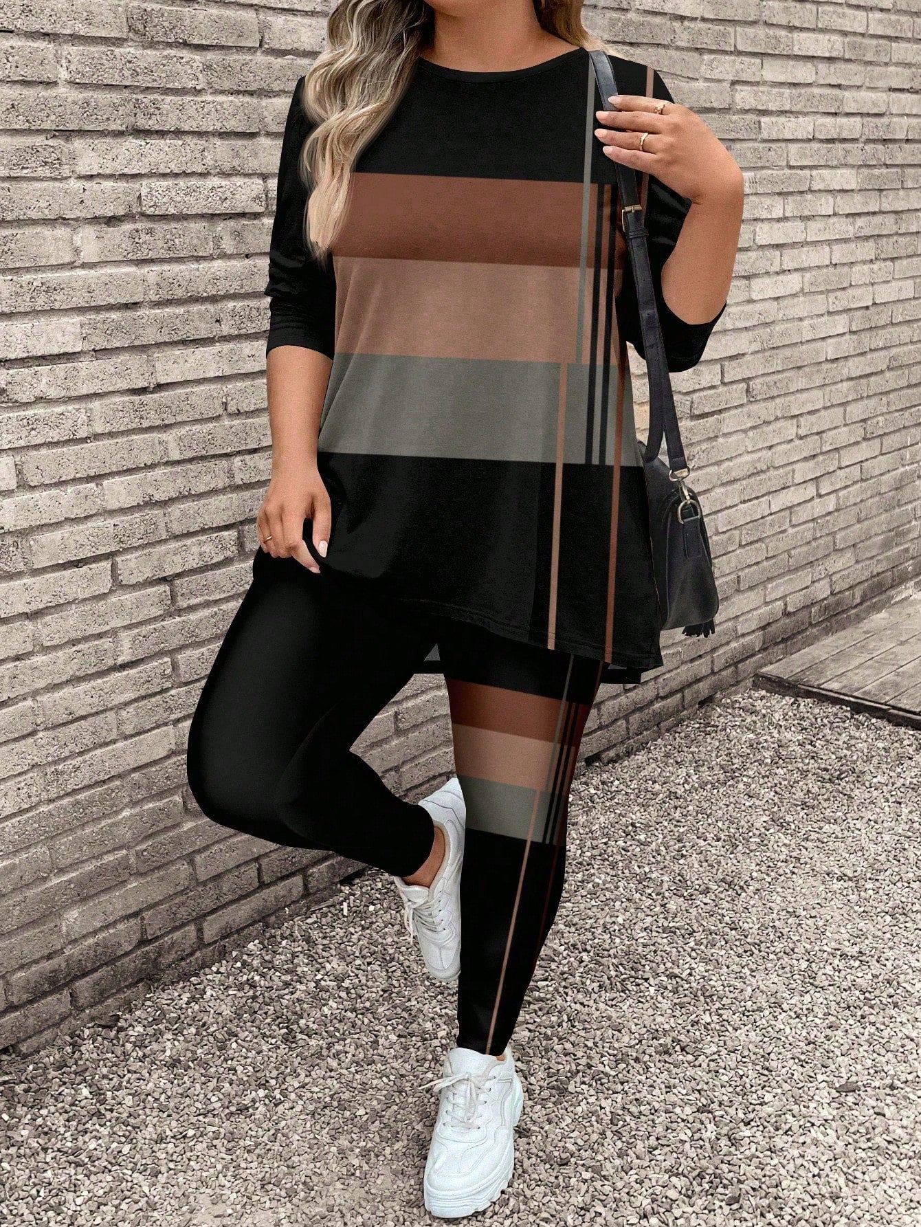 LUNE 2pcs/Set Plus Size Women Casual Long Sleeve T-Shirt And Yoga Pants, Suitable For Autumn/Winter