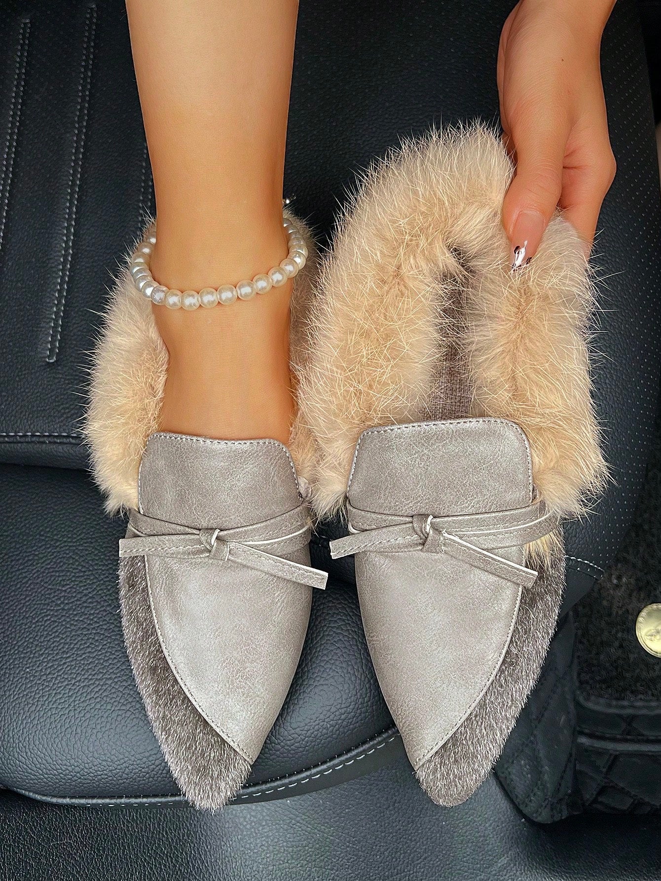 Fashionable Fluffy Flat Shoes, Fluffy Lining Warm Winter Casual Slip-On Shoes With Bow Decor, Pointed Toe, Rubber Sole For Outdoor/Daily Wear