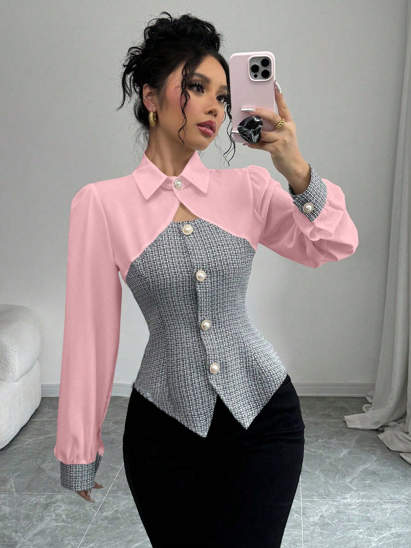 Elenzga New Design Hollowed-Out Splicing Shirt With Cinched Waist, Stylish Long Sleeve Open-Front Shirt