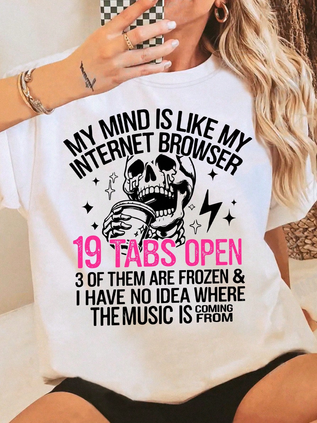 INAWLY Women's Casual Loose Fit Skull Print Round Neck Drop Shoulder Sleeve T-Shirt, Summer Tee, Halloween Clothes Graphic Tees Women Tops