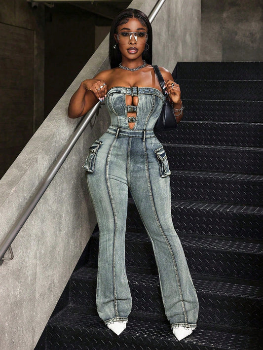 Slayr Women's Strapless Hollow Pocket Casual Denim Jumpsuit