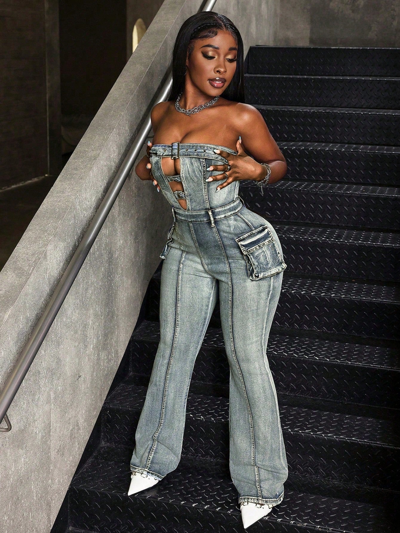 Slayr Women's Strapless Hollow Pocket Casual Denim Jumpsuit