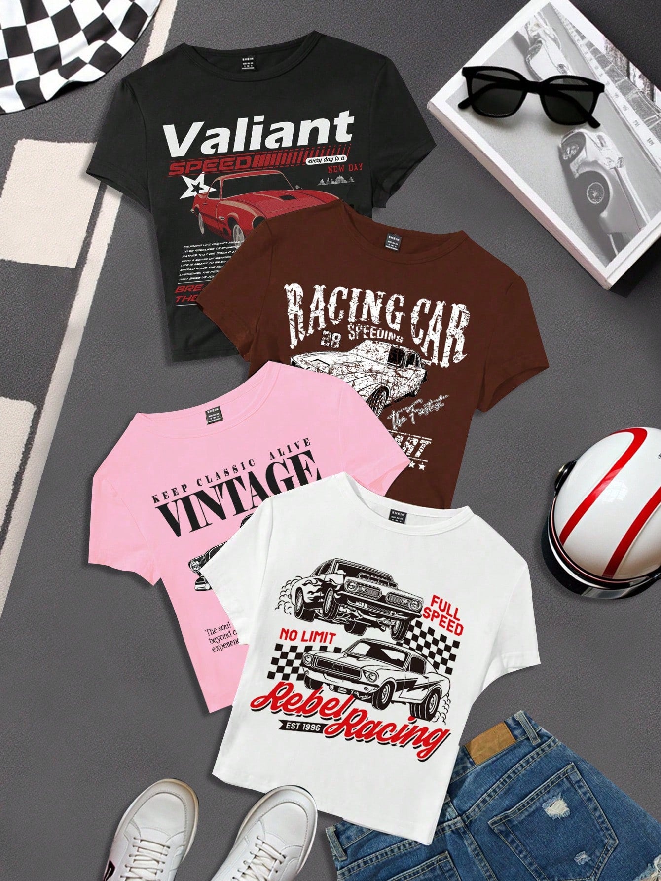 EZwear 4pcs/Pack Women Solid Color   Leopard Print Round Neck Short Sleeve T-Shirt